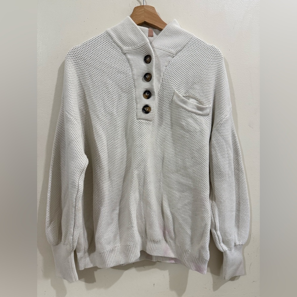 lunya cream waffle-knit pullover sweater with button placket